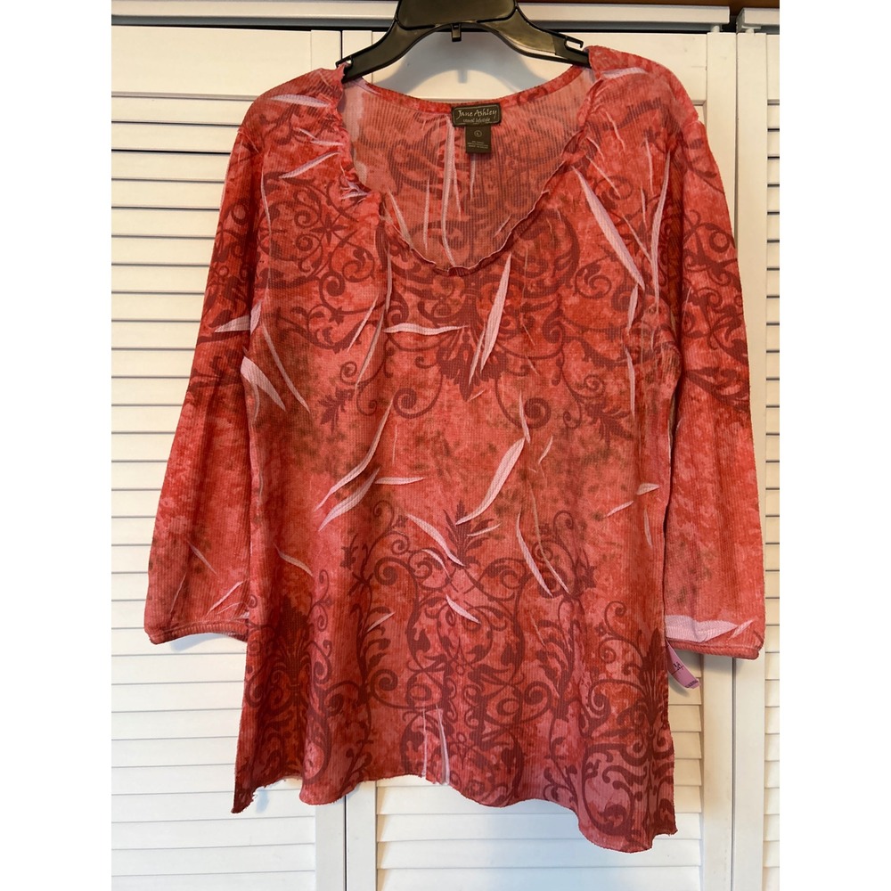 Jane Ashley Women's Orange Red Scroll Floral Print 3/4 Sleeve V‎ Neck Top Plus L